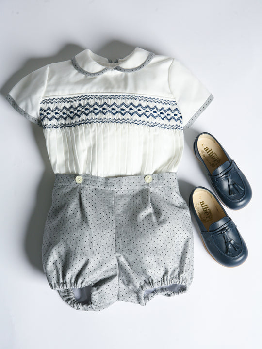 Artesanias Filita 'Tomas' Grey & Navy Smocked Short Set