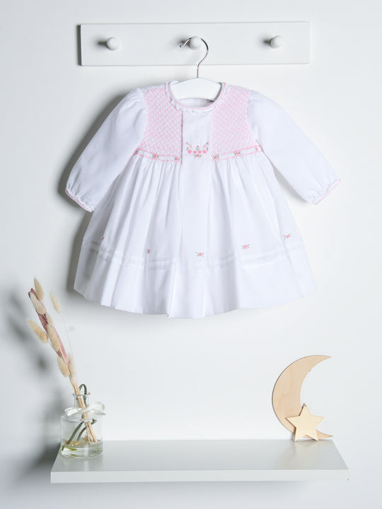 Sarah Louise Heritage Rosebud White & Pink Hand Smocked Dress
