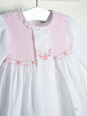 Sarah Louise Heritage Rosebud White & Pink Hand Smocked Dress