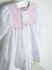 Sarah Louise Heritage Rosebud White & Pink Hand Smocked Dress