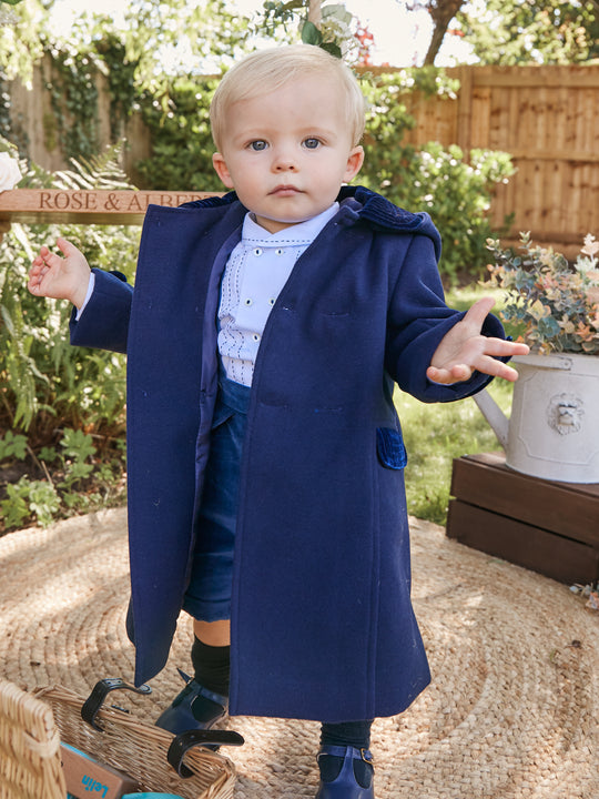 Sarah Louise Navy Traditional Coat with Velvet Trim